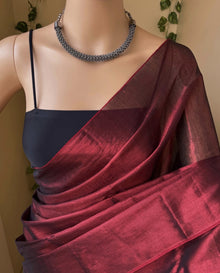REDDISH MAROON TISSUE COTTON SAREE