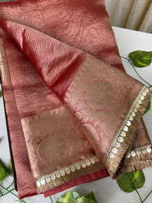 RED SOFT CRUSH TISSUE SAREE WITH SEQUENCE ZHALA LACE