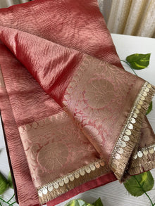 RED SOFT CRUSH TISSUE SAREE WITH SEQUENCE ZHALA LACE