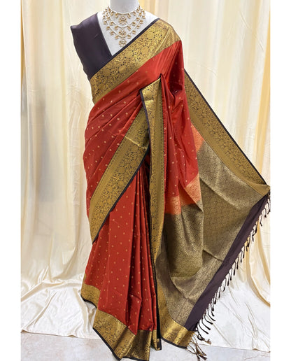 Rust orange art silk sarees with coffee brown zari border.