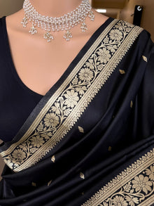 BLACK SOFT SILK SAREE WITH GOLDEN ZARI WEAVE BORDER