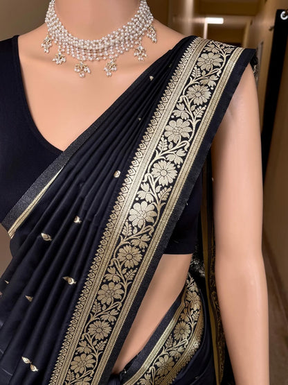 BLACK SOFT SILK SAREE WITH GOLDEN ZARI WEAVE BORDER