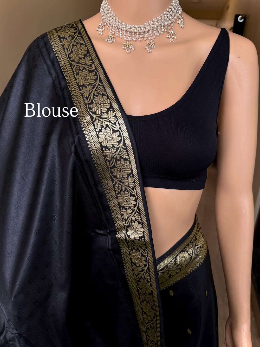 BLACK SOFT SILK SAREE WITH GOLDEN ZARI WEAVE BORDER