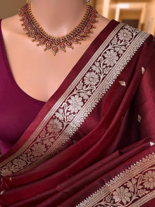 MAROON SOFT SEMI BANARASI ART SILK SAREE WITH GOLDEN ZARI WEAVE BORDER
