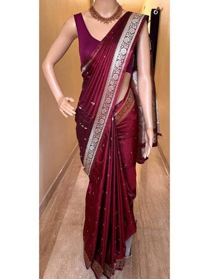 MAROON SOFT SEMI BANARASI ART SILK SAREE WITH GOLDEN ZARI WEAVE BORDER