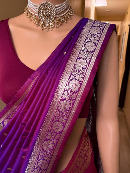 PURPLE SOFT SILK SAREE WITH GOLDEN ZARI WEAVE BORDER