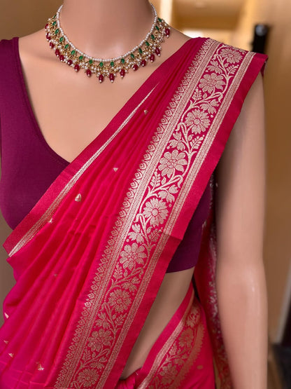 RANI PINK DUAL TONE SOFT ART SILK SAREE WITH GOLDEN ZARI WEAVE BORDER