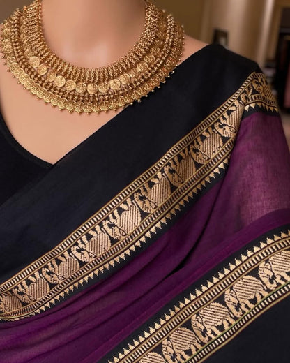 MAGENTA NARAYANPET COTTON SAREE WITH BLACK WEAVE BORDER