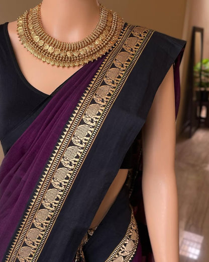 MAGENTA NARAYANPET COTTON SAREE WITH BLACK WEAVE BORDER