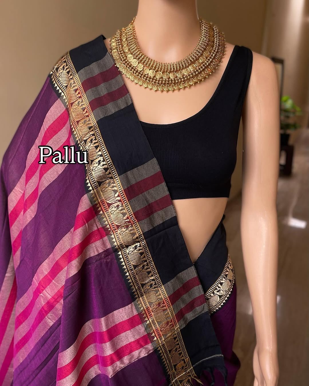MAGENTA NARAYANPET COTTON SAREE WITH BLACK WEAVE BORDER
