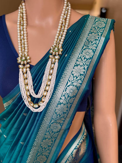 PEACOCK GREEN SOFT SILK SAREE WITH GOLDEN ZARI WEAVE BORDER