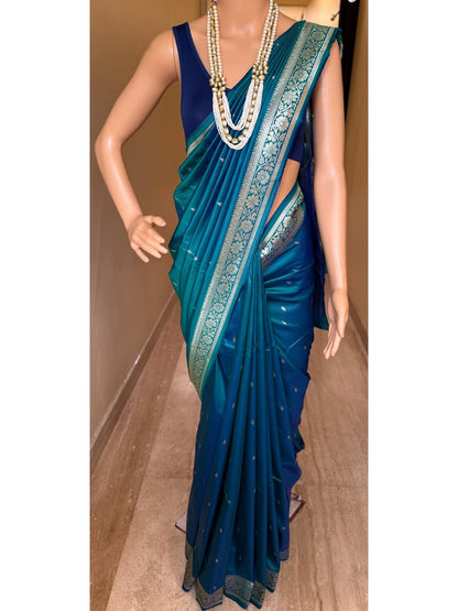 PEACOCK GREEN SOFT SILK SAREE WITH GOLDEN ZARI WEAVE BORDER