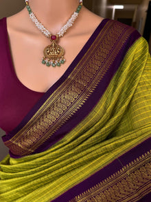 PEAR GREEN CHECKS KATTAM COTTON SILK SAREE WATH MAGENTA BORDER