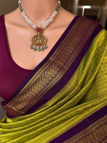 PEAR GREEN CHECKS KATTAM COTTON SILK SAREE WATH MAGENTA BORDER