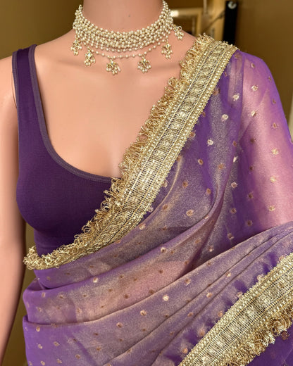 Lavender gold  dual shaded tissue chiffon saree with jhula lace and buttas over saree.
