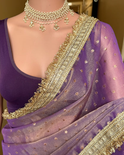 Lavender gold  dual shaded tissue chiffon saree with jhula lace and buttas over saree.