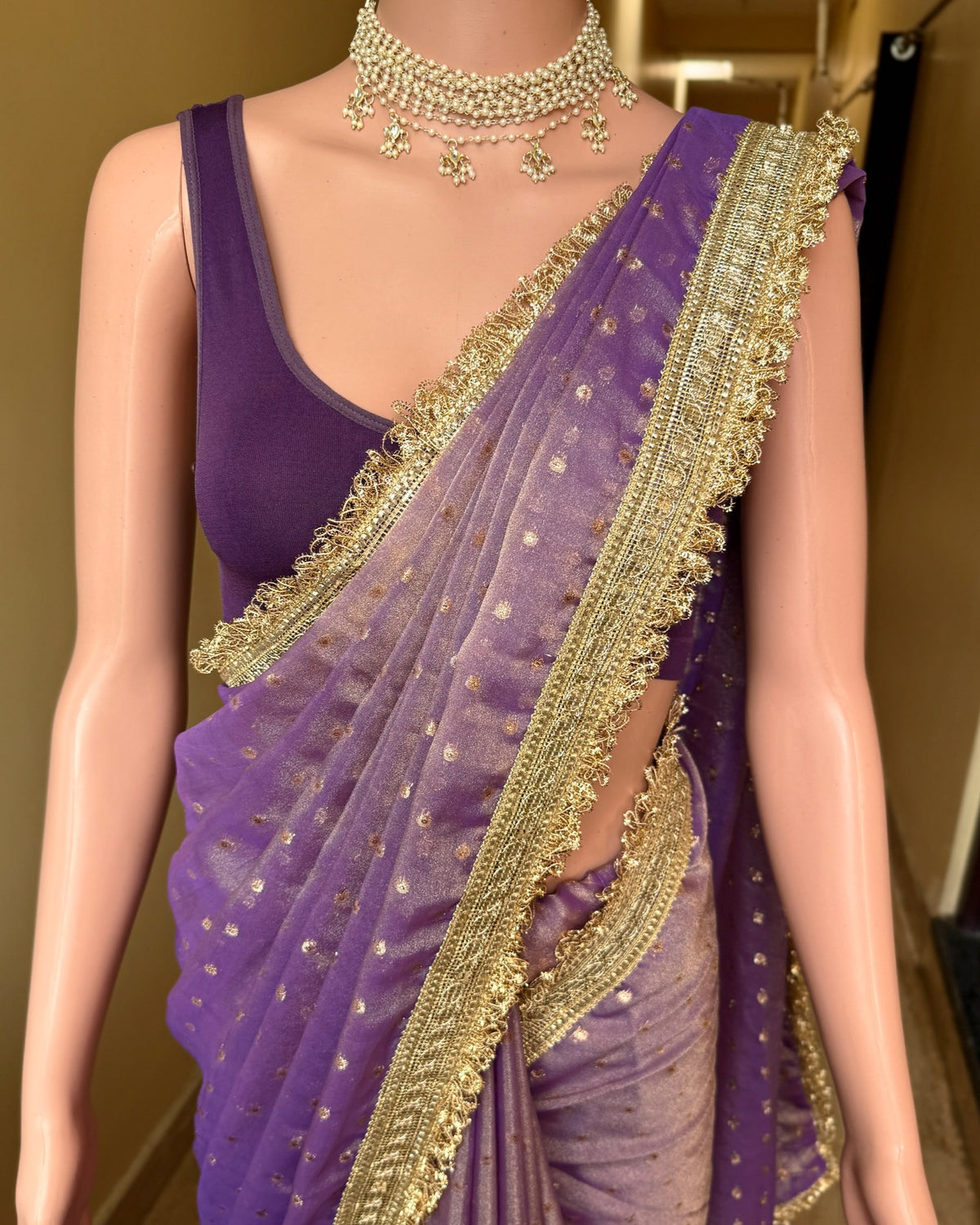 Lavender gold  dual shaded tissue chiffon saree with jhula lace and buttas over saree.