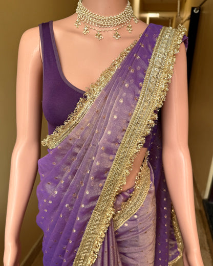 Lavender gold  dual shaded tissue chiffon saree with jhula lace and buttas over saree.