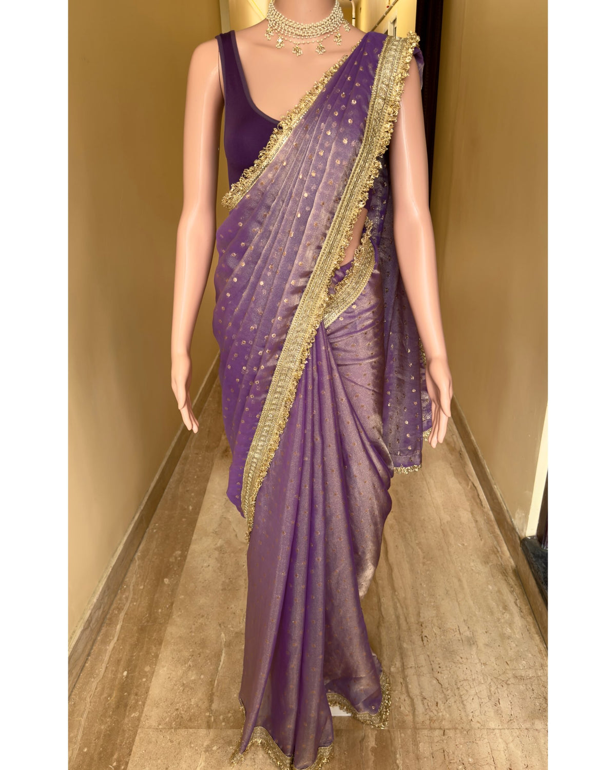 Lavender gold  dual shaded tissue chiffon saree with jhula lace and buttas over saree.