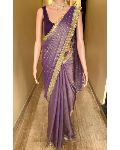 Lavender gold  dual shaded tissue chiffon saree with jhula lace and buttas over saree.