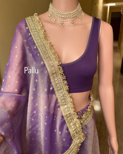 Lavender gold  dual shaded tissue chiffon saree with jhula lace and buttas over saree.