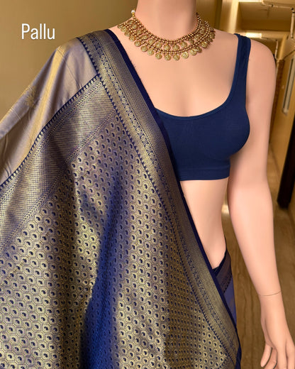 Ice blue art silk saree with navy blue border