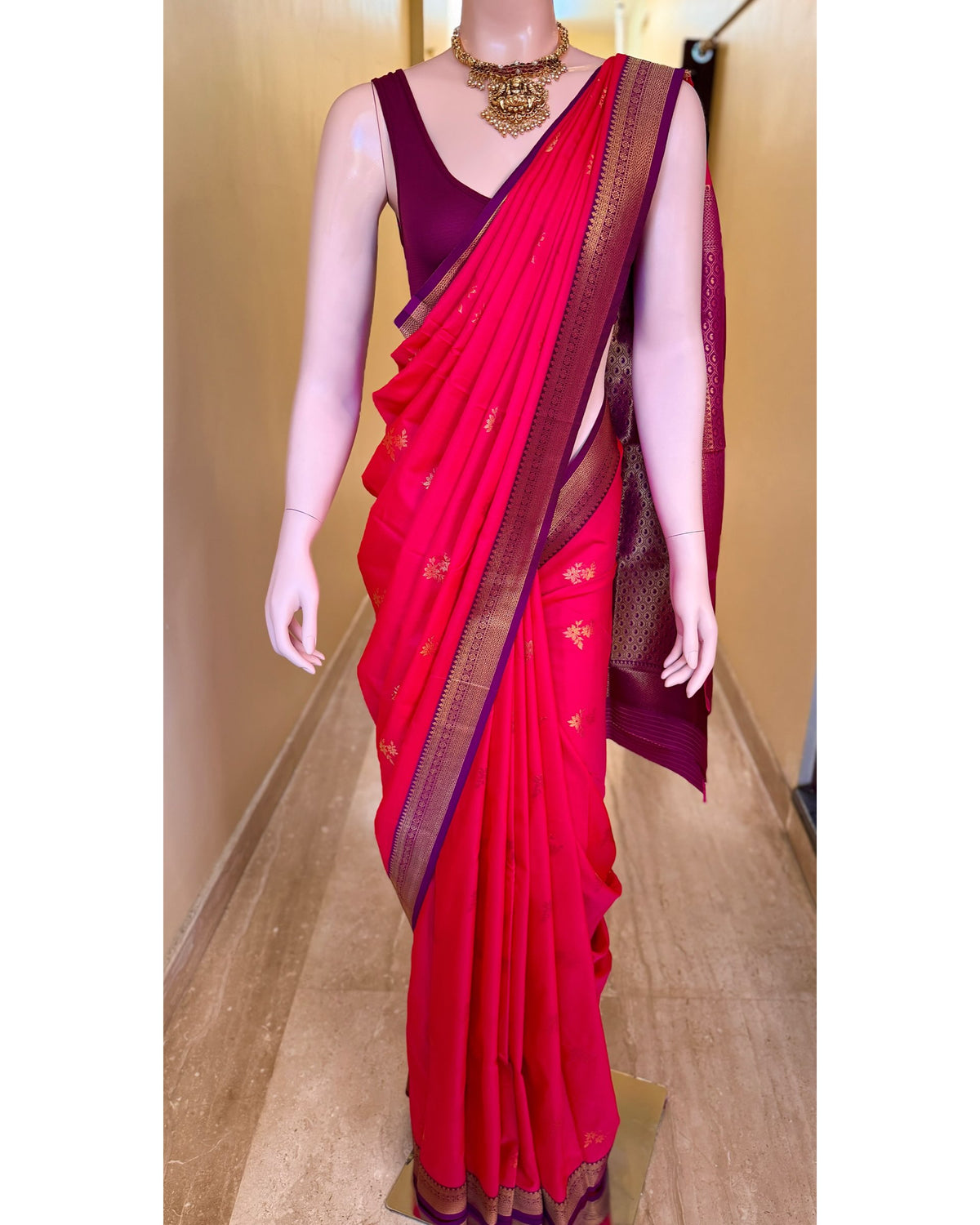 Ranipink dual shade art silk saree with magenta border.