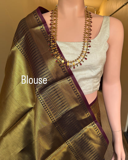 DARK WINE BLACK ART SILK SAREE WITH GOLDEN ZARI BORDER.