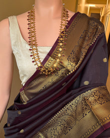 DARK WINE BLACK ART SILK SAREE WITH GOLDEN ZARI BORDER.
