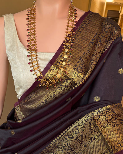 DARK WINE BLACK ART SILK SAREE WITH GOLDEN ZARI BORDER.