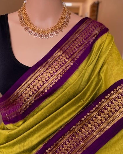 PEAR GREEN COTTON SILK SAREE WITH MAGENTA BORDER