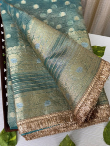 SEA BLUE SOFT CRUSH TISSUE SAREE WITH ZHALA LACE