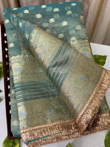 SEA BLUE SOFT CRUSH TISSUE SAREE WITH ZHALA LACE