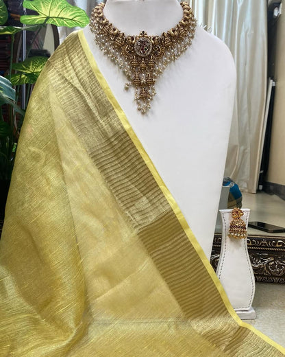 GOLDEN LINEN TISSUE SAREE WITH MAGENTA BORDER