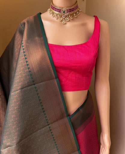 RANI PINK ART SILK SAREE WITH BOTTLE GREEN BORDER