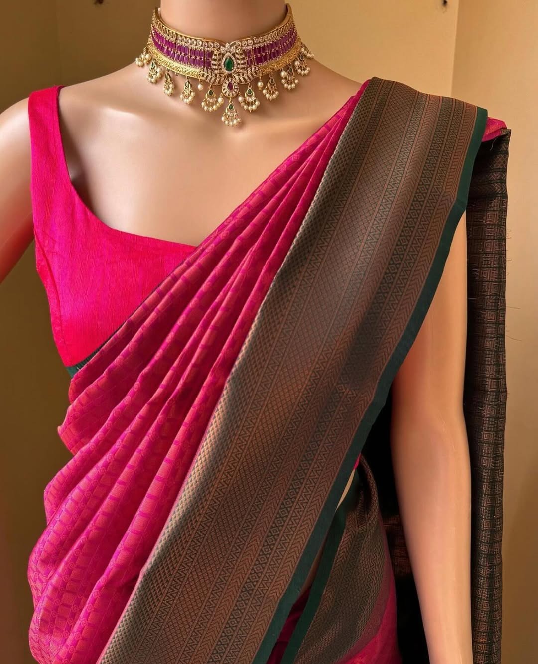 RANI PINK ART SILK SAREE WITH BOTTLE GREEN BORDER
