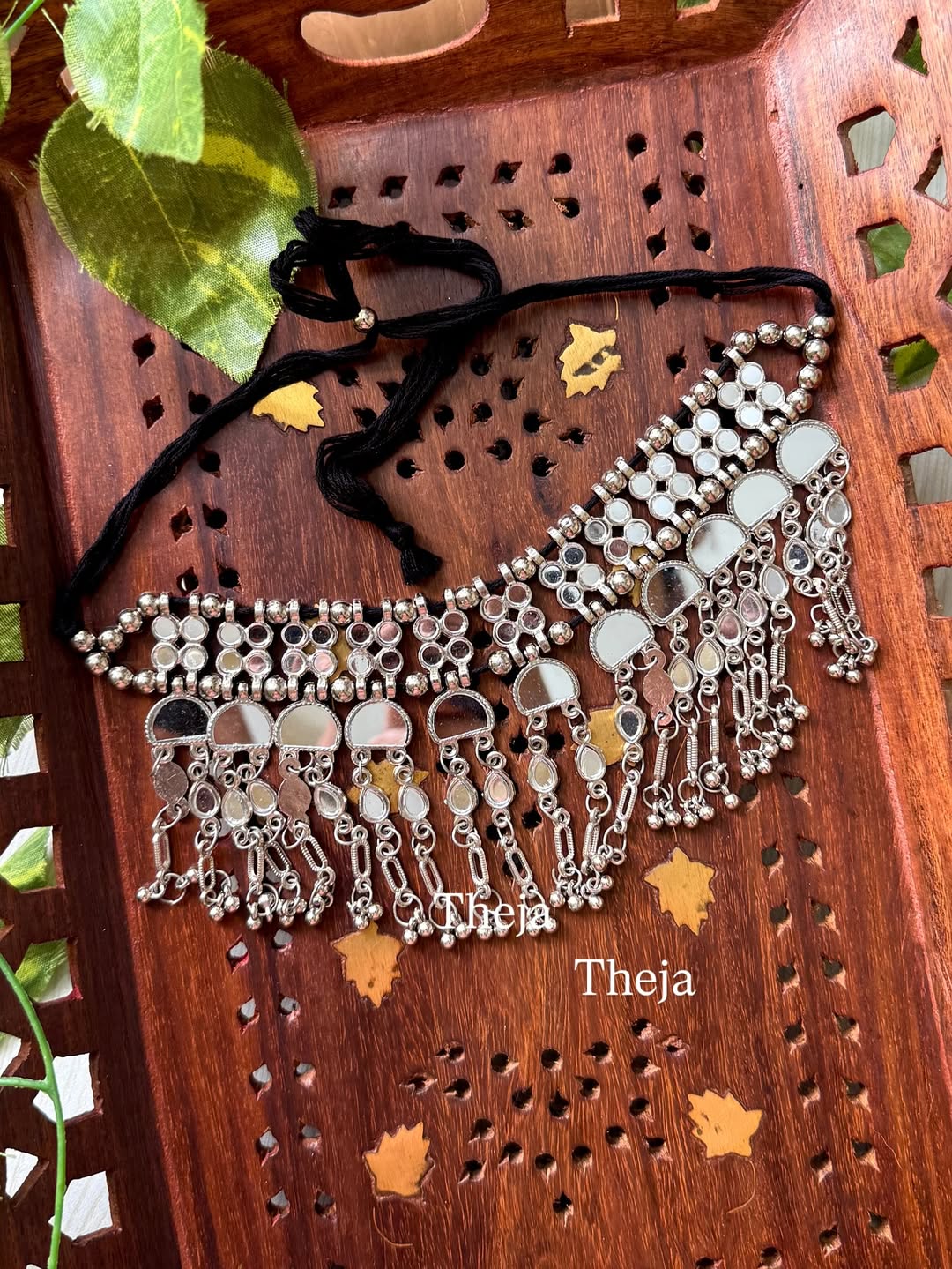 Oxidised mirror choker in black thread