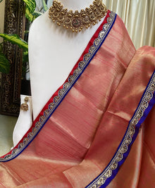 PINK ORANGE TISSUE SILK SAREE WITH RED BLUE GANGA JAMUNA BORDER