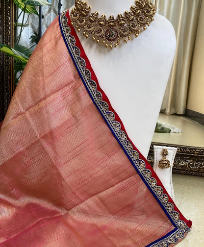 PINK ORANGE TISSUE SILK SAREE WITH RED BLUE GANGA JAMUNA BORDER