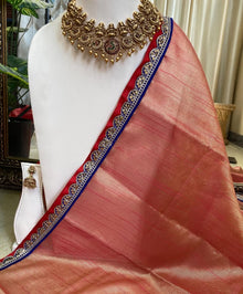 PINK ORANGE TISSUE SILK SAREE WITH RED BLUE GANGA JAMUNA BORDER