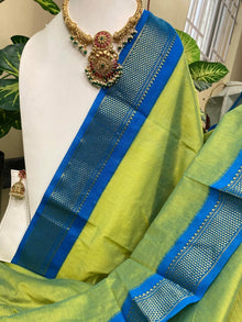 PASTEL GREEN TRADITIONAL COTTON SILK SAREE WITH TEAL BLUE BORDER