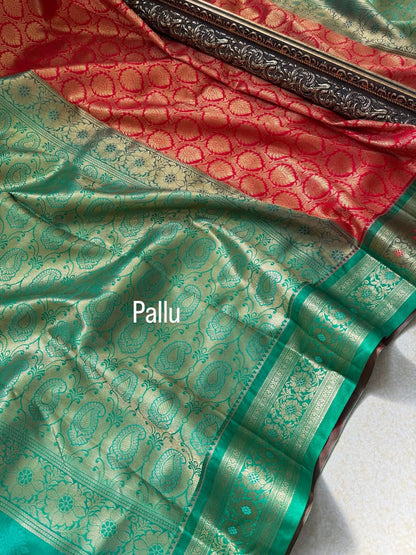 RED ART SILK SAREE WITH GREEN BORDER