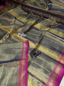 INK BLUE SOFT TISSUE SAREE COMES WITH PINK BORDER