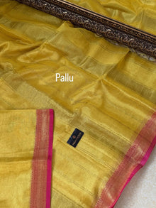 LEMON YELLOW SOFT TISSUE SAREE COMES WITH PINK BORDER