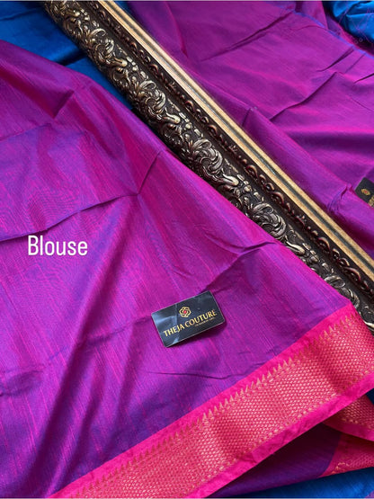 BLUE PURPLE SOFT COTTON SILK SAREE WITH PINK BORDER