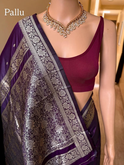 DARK WINE BANARASI ART SILK SAREE WITH GOLDEN SILVER ZARI WEAVE BORDER