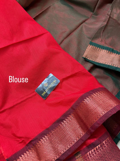 RUST GREEN COTTON SILK SAREE COMES WITH RED BORDER