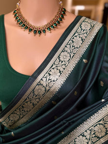 BOTTLE GREEN SOFT SILK SAREE WITH GOLDEN ZARI WEAVE BORDER