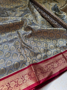 GREY ART SILK SAREE WITH RED BORDER