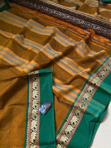 MUSTARD NARAYANPET COTTON SAREE WITH GREEN BORDER